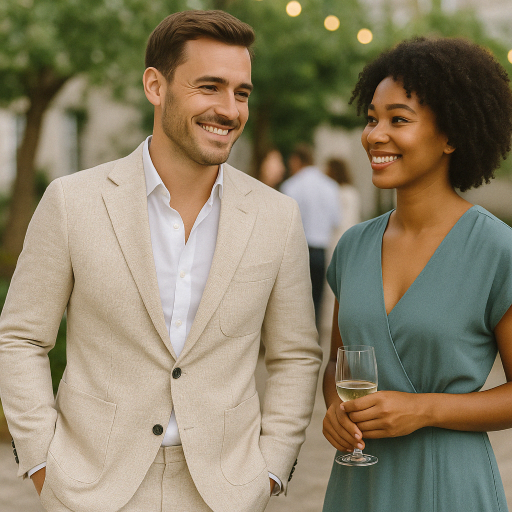 Moderner leichter Sommeranzug für Herren, optimal für Business Meetings und festliche Anlässe im Frühling. (107 Zeichen)