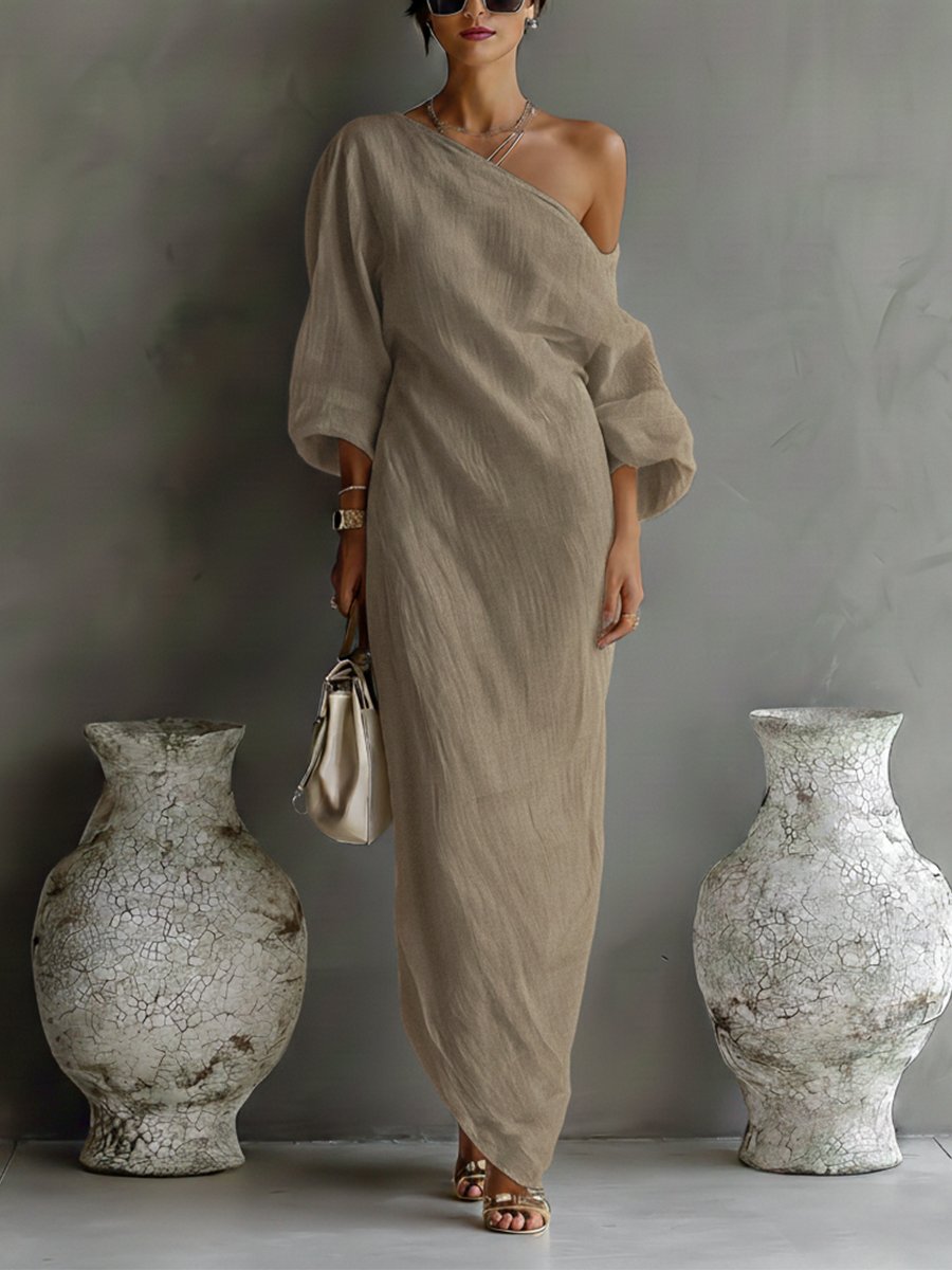 Modernes, elegantes Damen Maxi Kleid, One-Shoulder mit stilvollem Volumen-Ärmel, ideal für festliche Events.