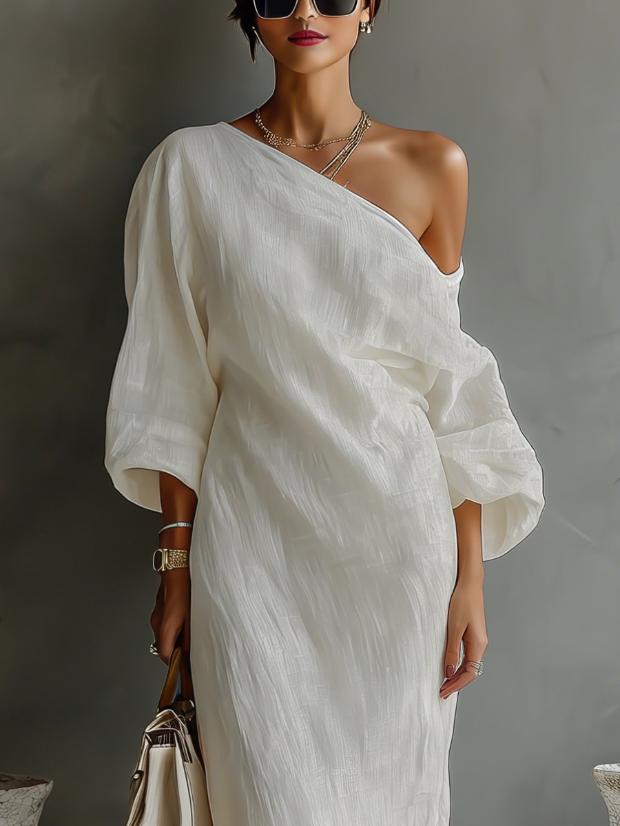 Damen One-Shoulder Maxi Kleid mit dramatischer Volumen-Ärmel, festlich, stilvoll und perfekt als Hochzeitsgast-Outfit.
