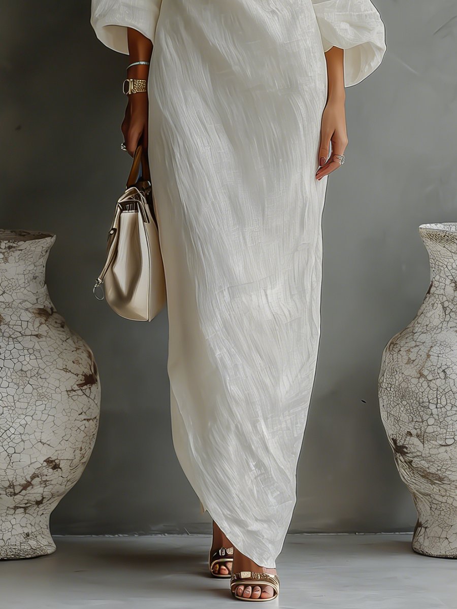 Luftiges Damen Maxi Sommerkleid im One-Shoulder-Stil mit elegantem Volumen-Ärmel, perfekt für Abendveranstaltungen.