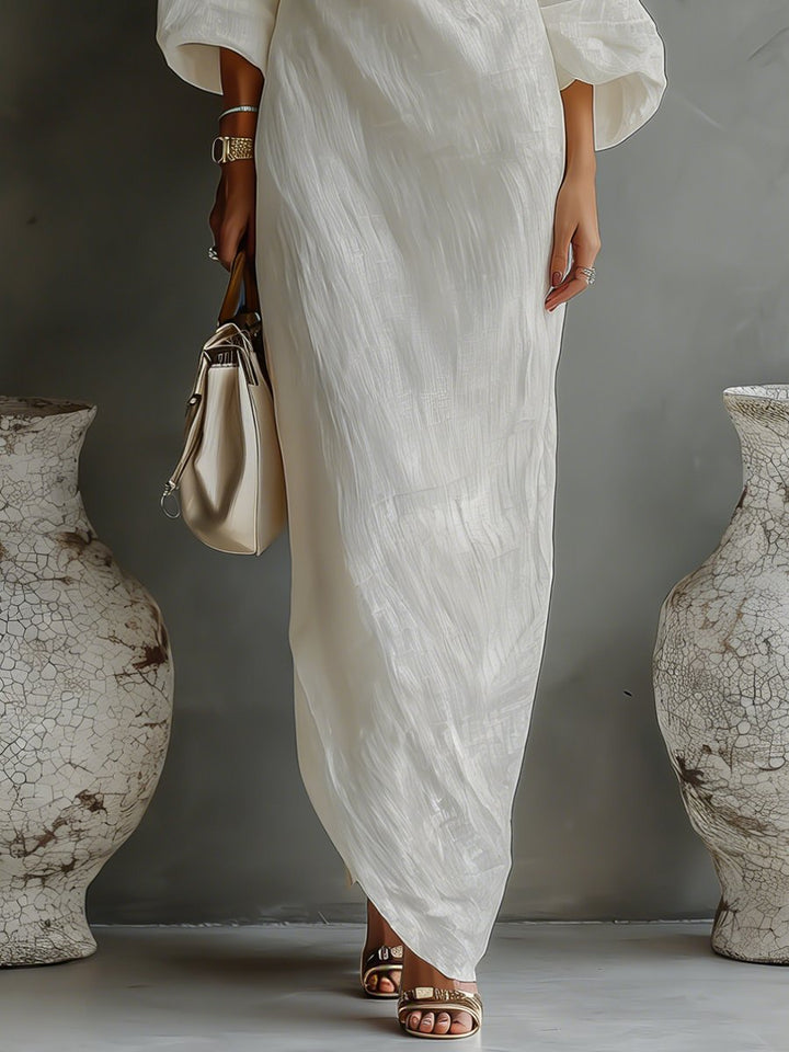 Luftiges Damen Maxi Sommerkleid im One-Shoulder-Stil mit elegantem Volumen-Ärmel, perfekt für Abendveranstaltungen.