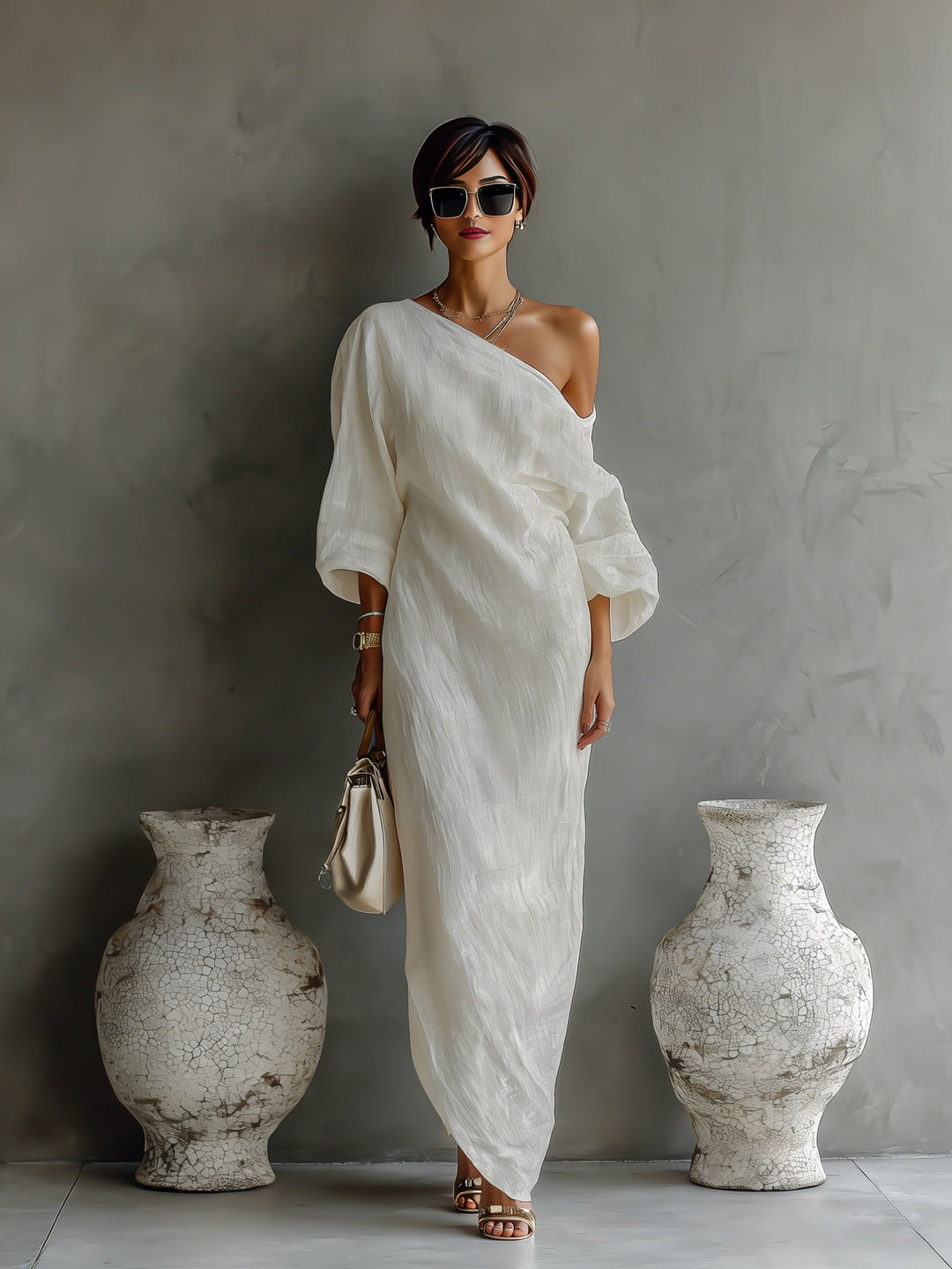 Asymmetrisches Damen Maxi Abendkleid mit markantem One-Shoulder und opulentem Volumen-Ärmel, sehr elegant.