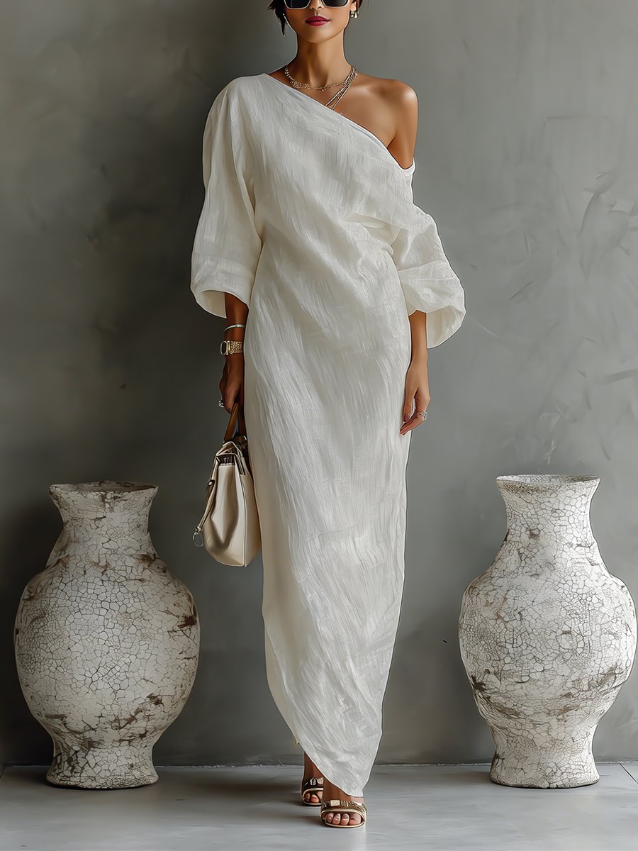 Elegantes Damen Maxi Kleid, One-Shoulder mit dramatischem Volumen-Ärmel, ideal für festliche Anlässe & Hochzeitsgäste.