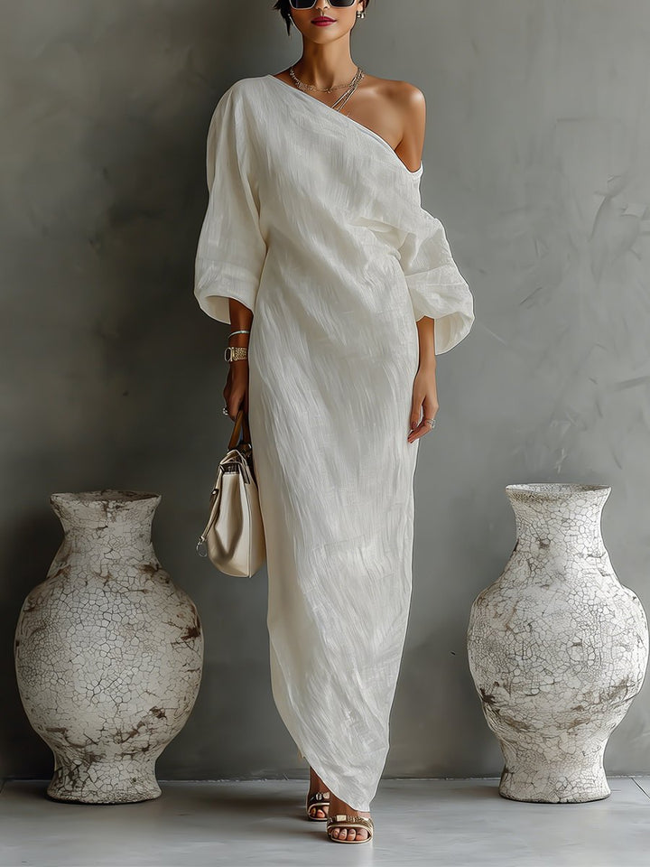 Elegantes Damen Maxi Kleid, One-Shoulder mit dramatischem Volumen-Ärmel, ideal für festliche Anlässe & Hochzeitsgäste.