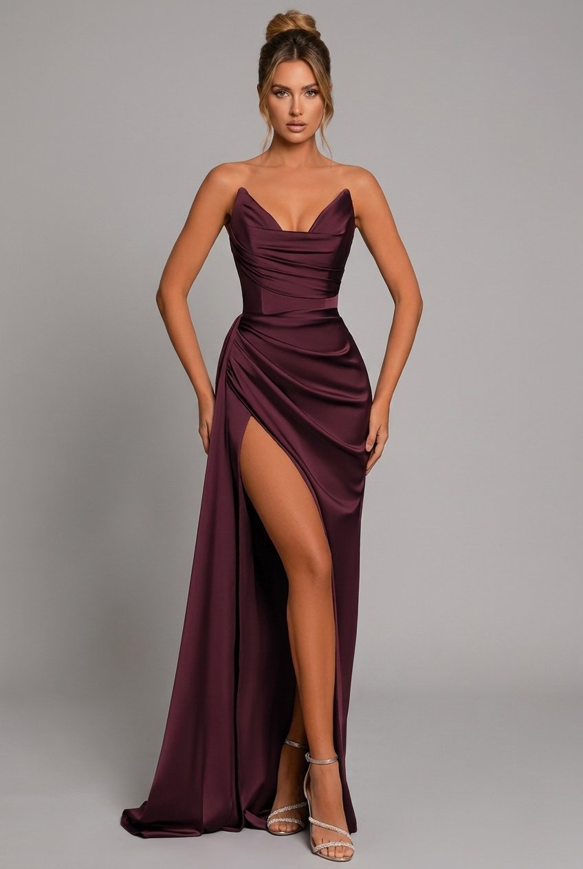 Trägerloses Damen Maxikleid mit Herzausschnitt & Beinschlitz. Eleganz für festliche Anlässe und Abende.