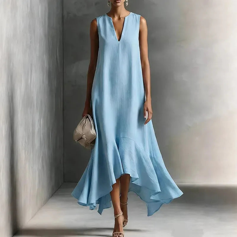 Lockeres Damen A-Linien Maxikleid mit V-Ausschnitt und Volantsaum, ideal als Sommerkleid oder elegantes Frühlingskleid.