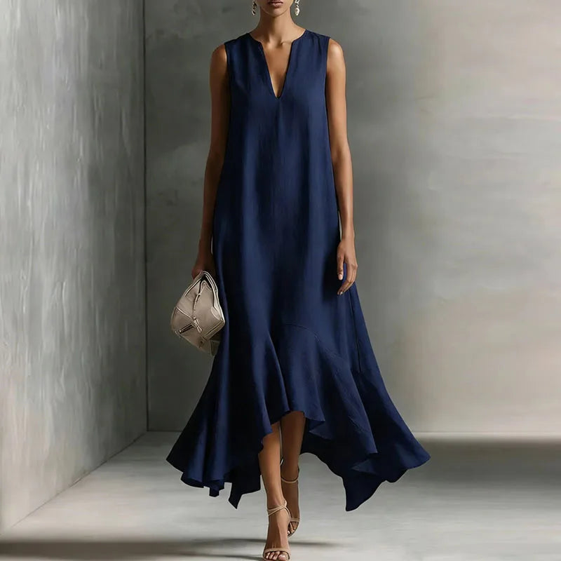 Langes Damenkleid mit V-Ausschnitt, A-Linien-Schnitt und Volantsaum; ein luftiges, elegantes Maxikleid für Frühling/Sommer.
