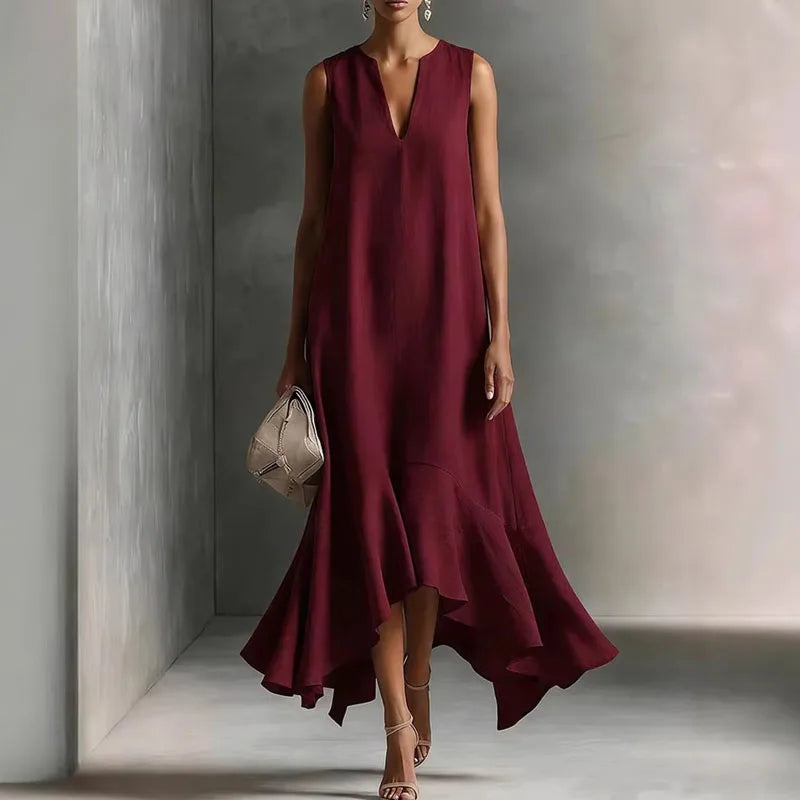 Stilvolles Damen Maxikleid mit V-Ausschnitt, schmeichelhafter A-Linie und Volantsaum, ideal für festliche Sommerabende.
