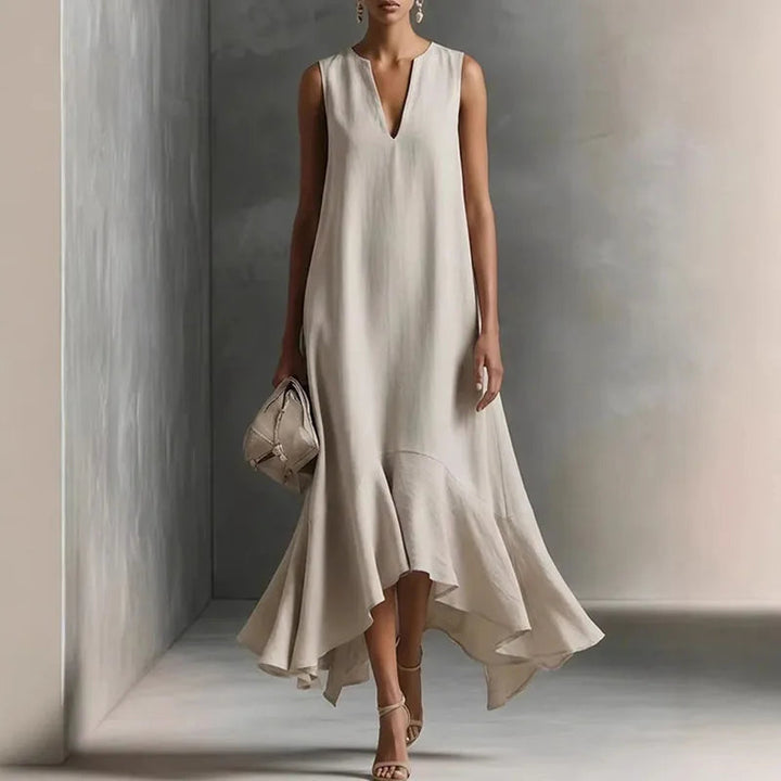Elegantes Damen Maxikleid mit V-Ausschnitt und A-Linie, perfekt für Sommer und festliche Anlässe, mit Volantsaum.