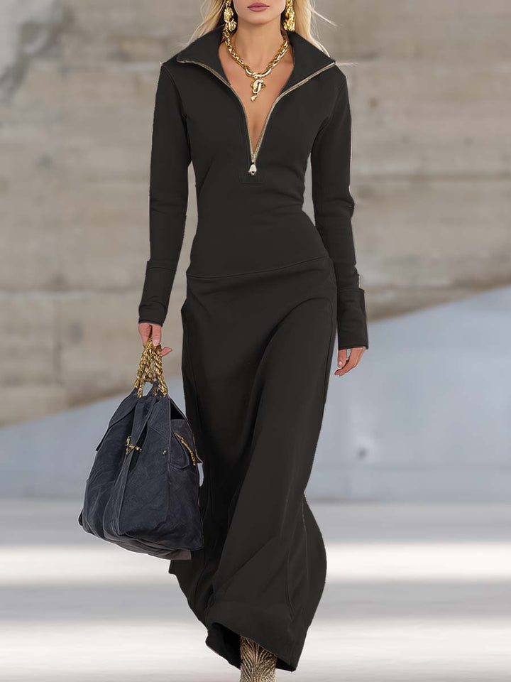 Modernes Damen Maxikleid mit Langarm und praktischem Zip-Kragen. Ideal als Freizeitkleid oder Abendkleid.