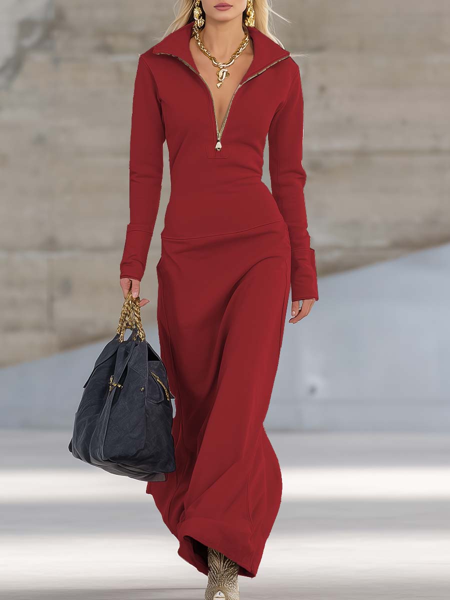 Schickes Damen Bodycon Maxikleid mit Langarm und Zip-Kragen, das Eleganz und Komfort vereint. Modisch & vielseitig.