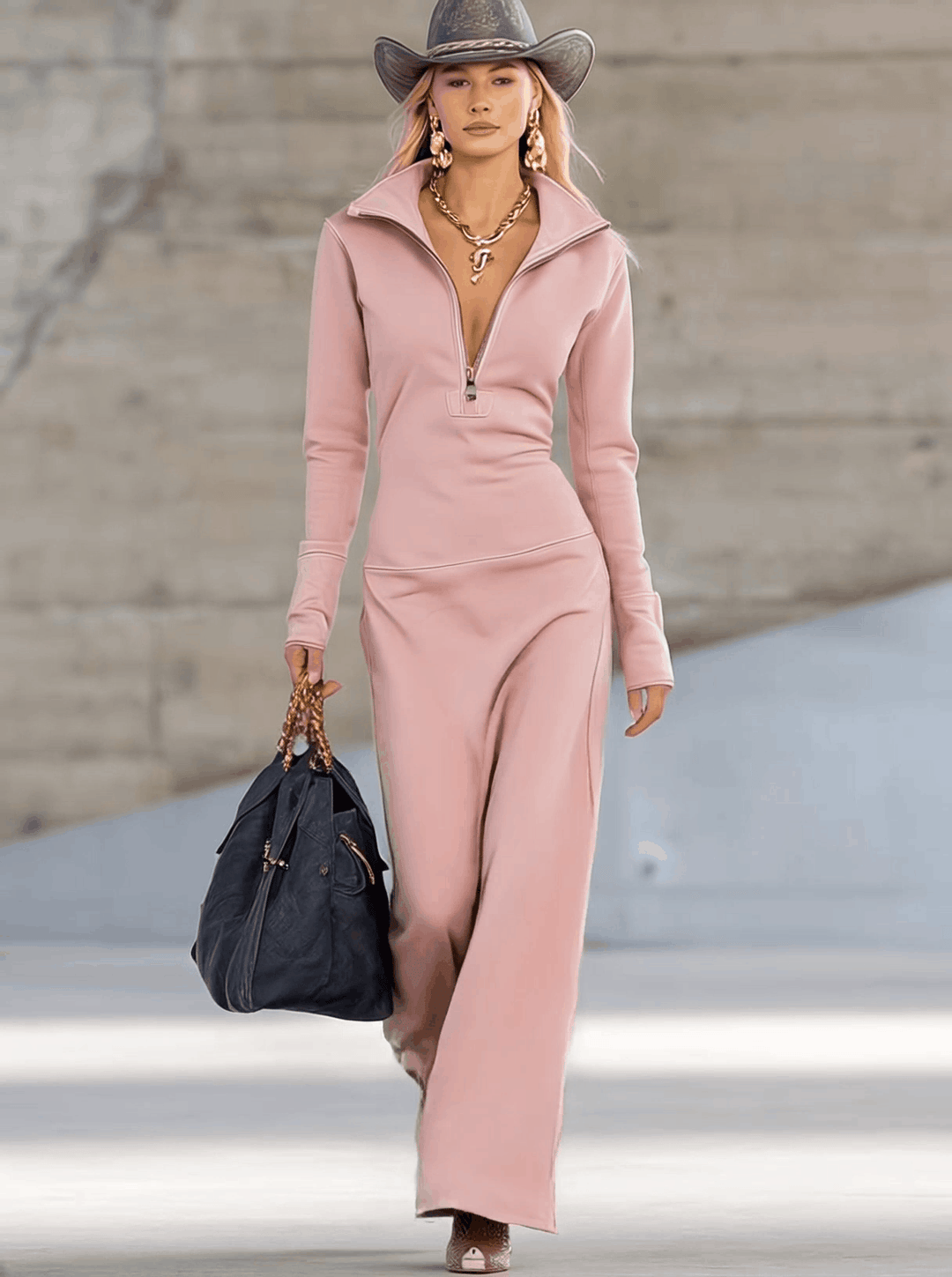 Damen Maxikleid mit Langarm und modischem Zip-Kragen, das figurbetonte Design betont Ihre Silhouette elegant.