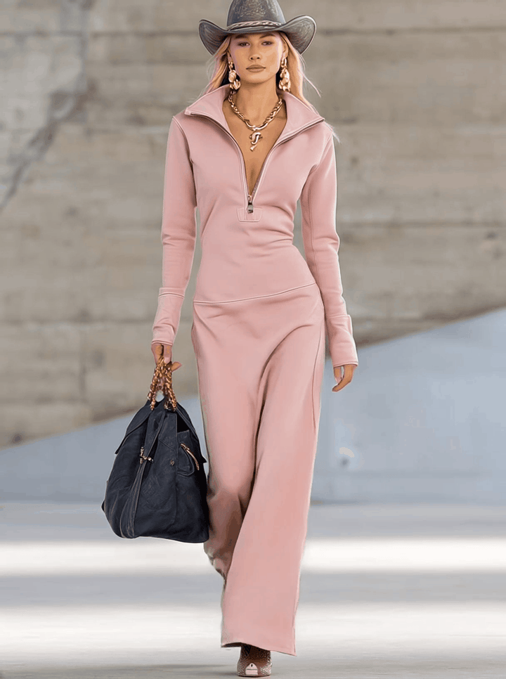 Damen Maxikleid mit Langarm und modischem Zip-Kragen, das figurbetonte Design betont Ihre Silhouette elegant.