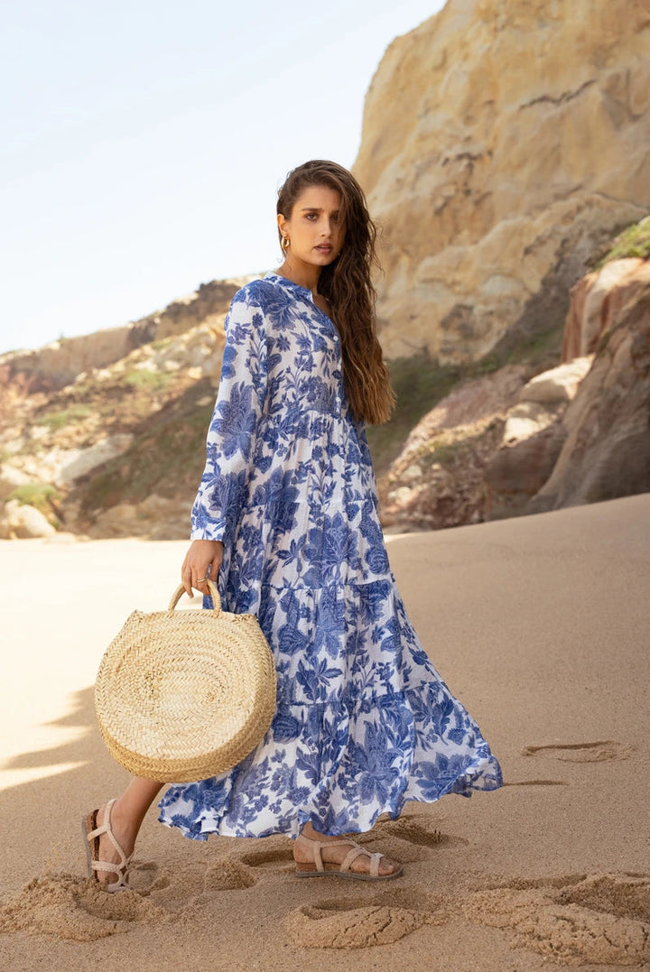 Boho-Chic Maxikleid für Damen, knöchellang mit floralem Muster. Vielseitiges Langarm Sommerkleid als Freizeit- oder Partykleid.