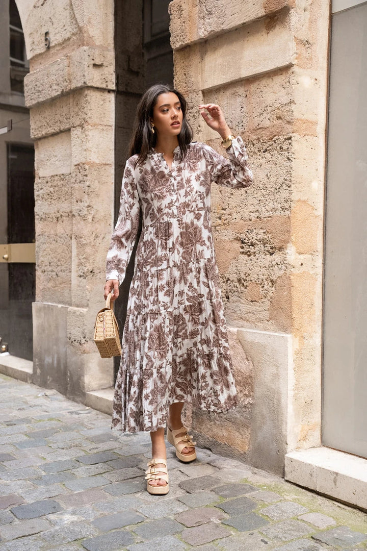 Frühlingskleid Damen, knöchellang. Florales Maxikleid im romantischen Boho-Chic Stil, elegantes Langarm-Freizeitkleid.