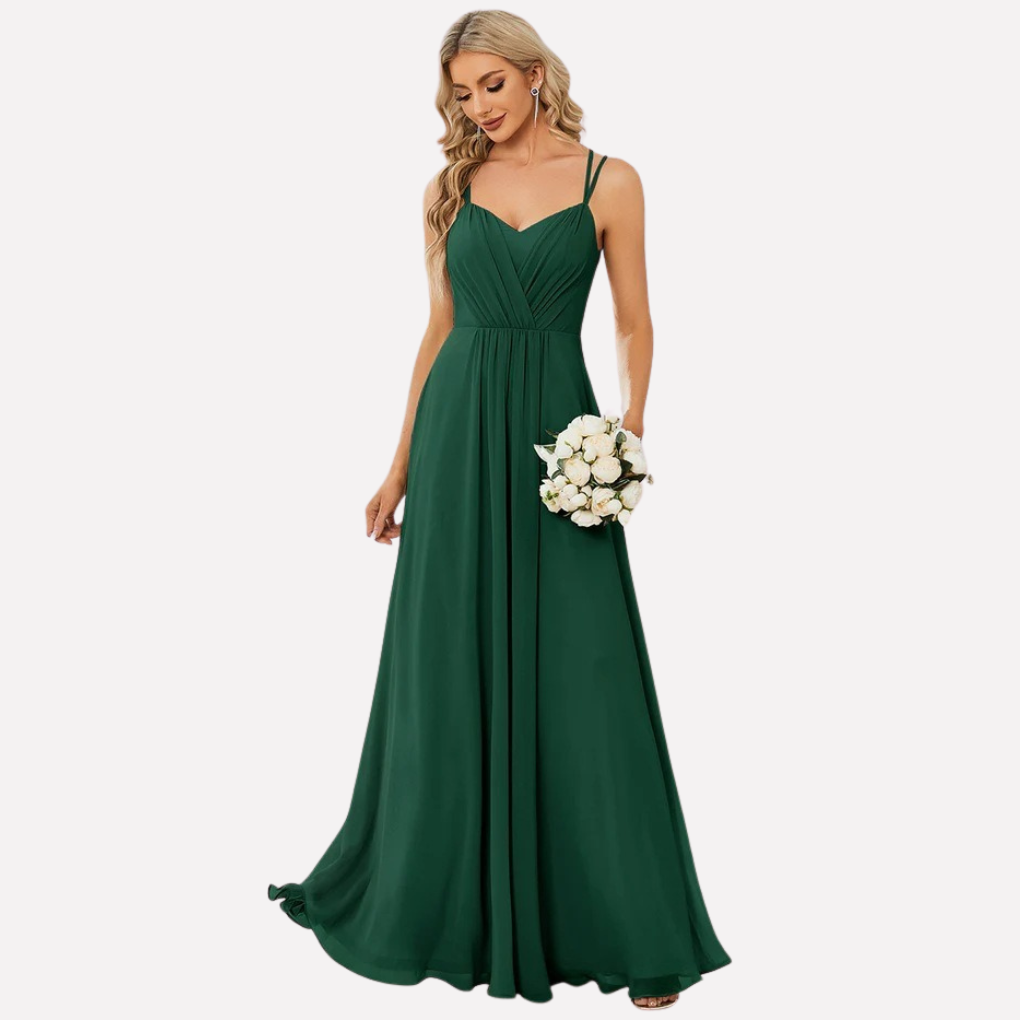 Langes, elegantes Damen Maxikleid mit Herzausschnitt und schwingender Silhouette, ideal als Abend- oder Brautjungfernkleid.