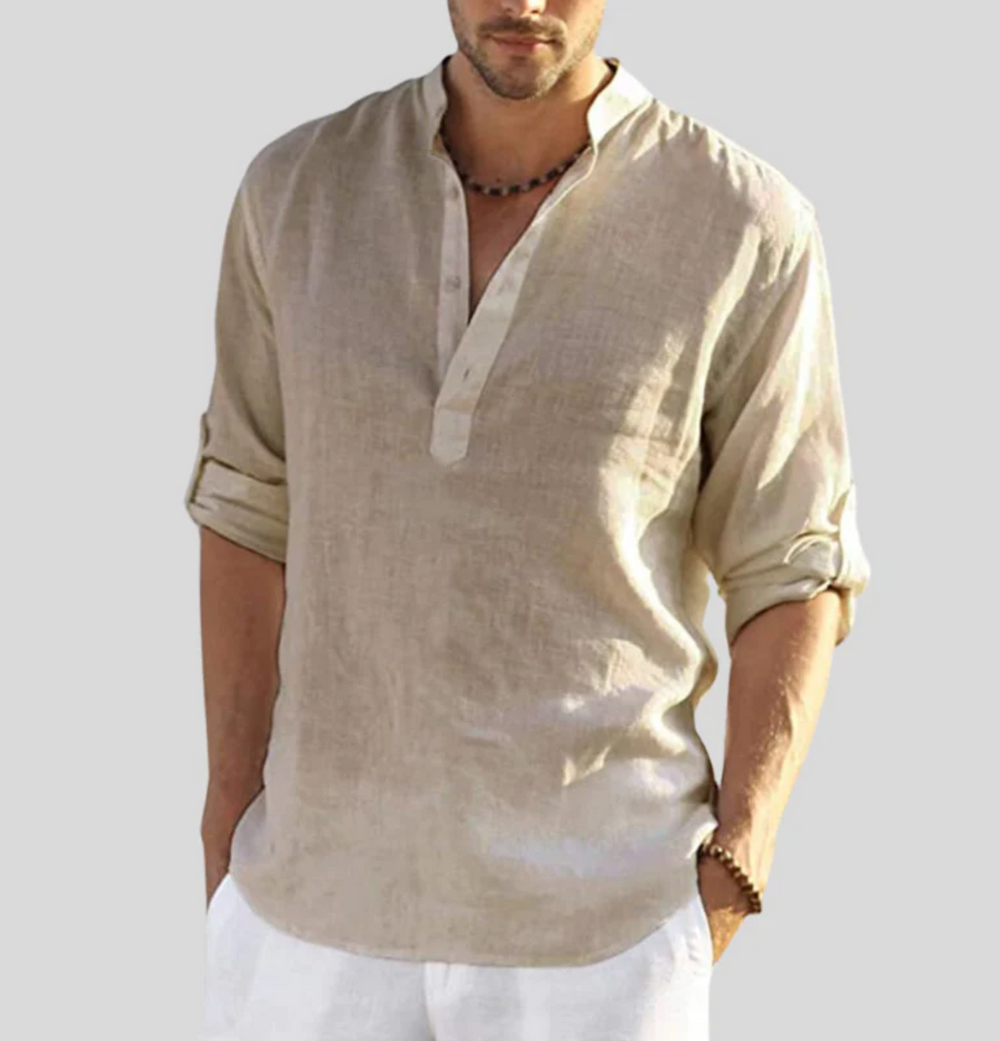 Vielseitiges Herren Kragenhemd langarm aus Leinen, perfekt für elegante Sommer-Outfits.