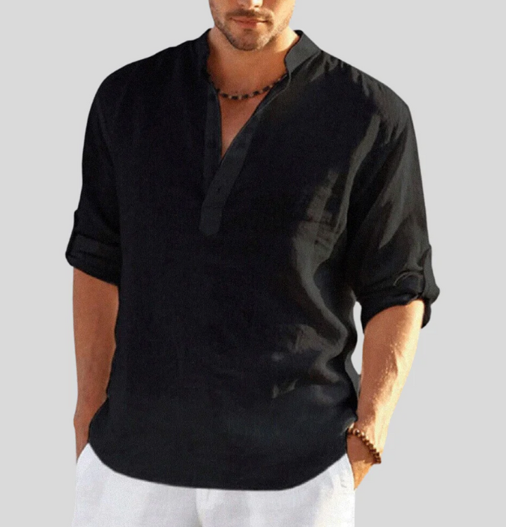 Elegantes Herren Leinenhemd mit Kragen, lange Ärmel, ideal für Business-Casual und Events.