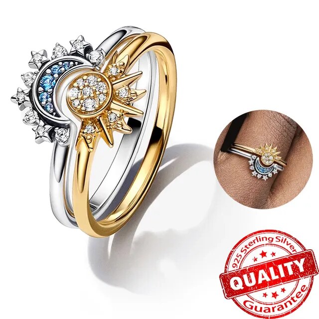 Ausdrucksstarker Damen Mond-Sonne Kristallring aus poliertem 925er Sterling Silber. Funkelnd & elegant.