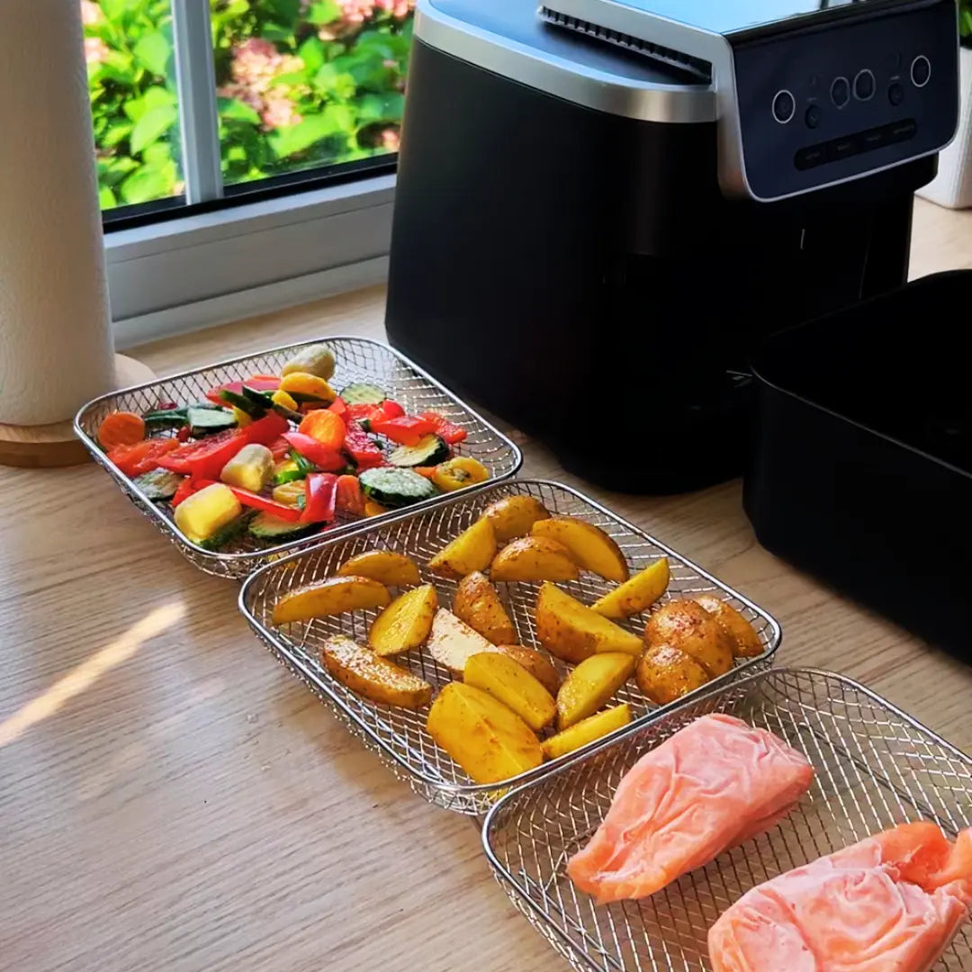 Multischicht-Edelstahl-Körbe für Heißluftfritteuse: Mehr Platz & Effizienz beim Garen von Speisen.