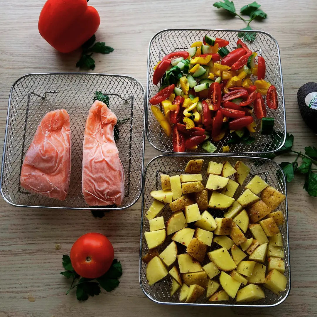 Hochwertiges Edelstahl Heißluftfritteuse Zubehör Set, rostfrei und langlebig für Ihre Küche.