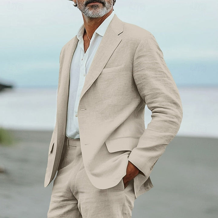 Stilvoller Herren Zweiteiler Anzug, Sommer Look in Beige, Sakko & Hose, perfekt für Business & Freizeit.