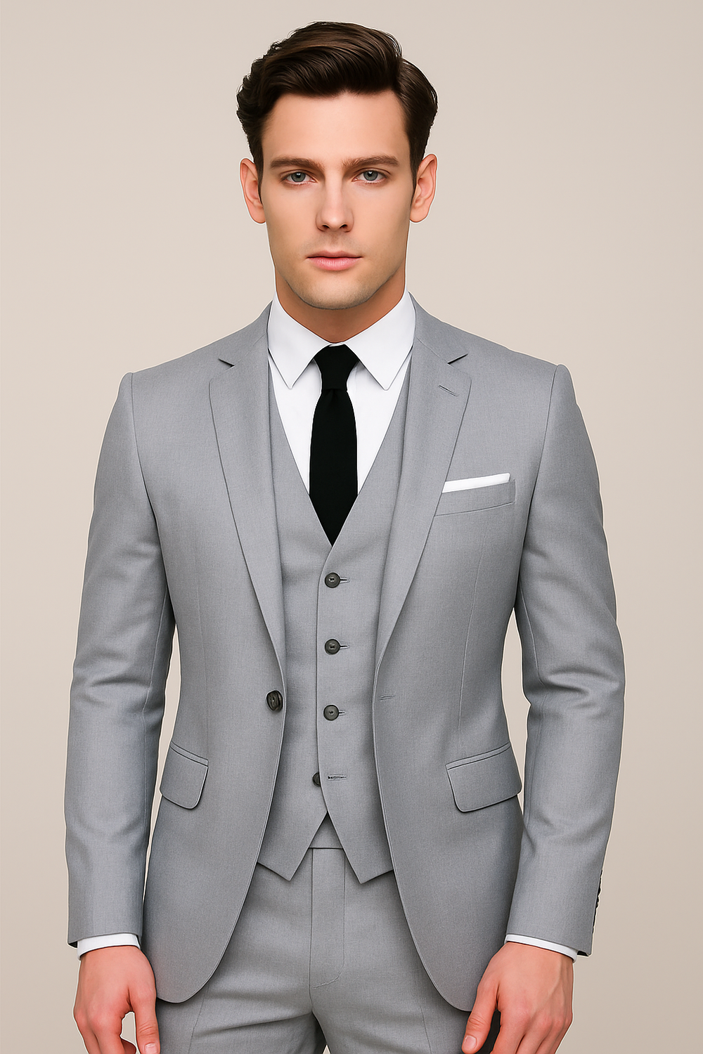 Formeller Herren Dreiteiler Anzug in Marineblau, Schwarz oder Grau. Ideal für Hochzeit & Business.