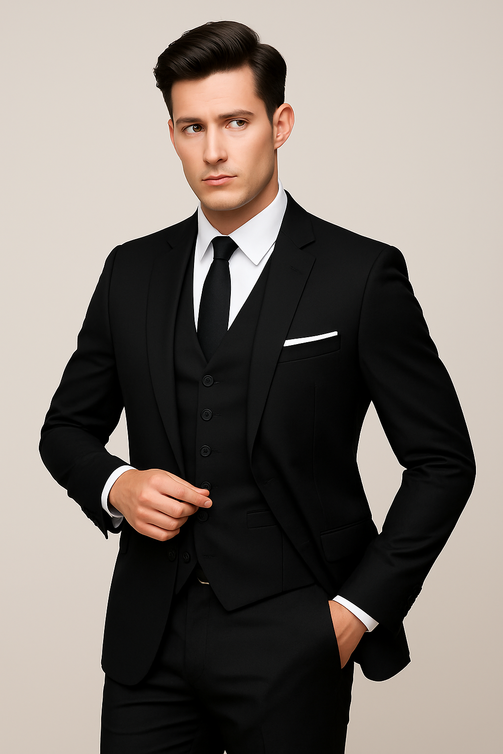 Eleganter Herren Dreiteiler Anzug mit Sakko, Anzughose & Weste. Perfekt für Business oder Feste.