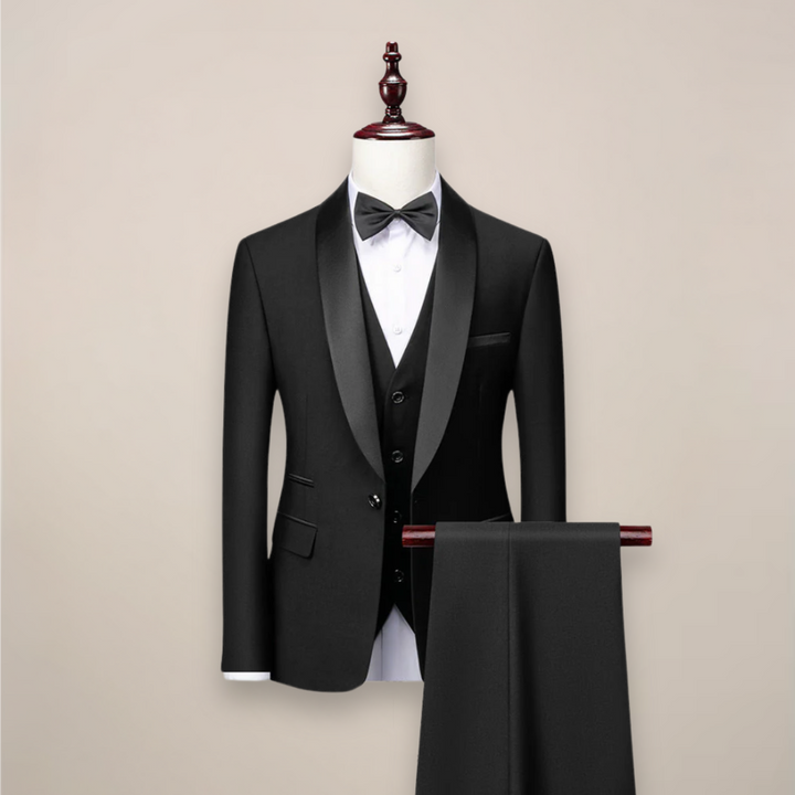 Klassischer Herren Dreiteiler Anzug für festliche Anlässe, mit elegantem Sakko, Weste & Hose, dunkelgrau.