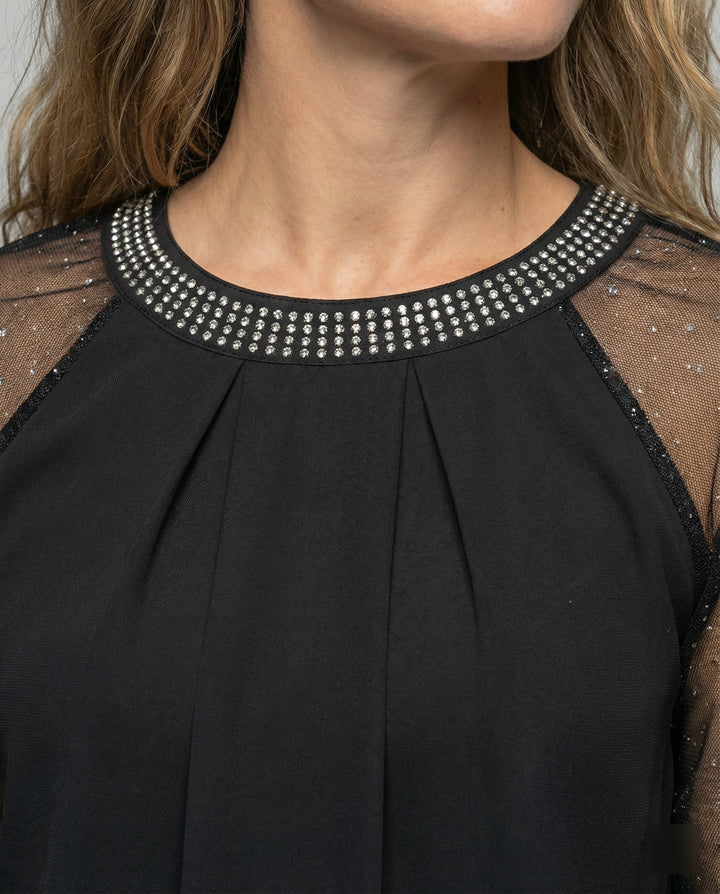 Damen Langarm Mesh Oberteil mit Glitzer, transparenter Optik. Ein eleganter und femininer Party-Look.