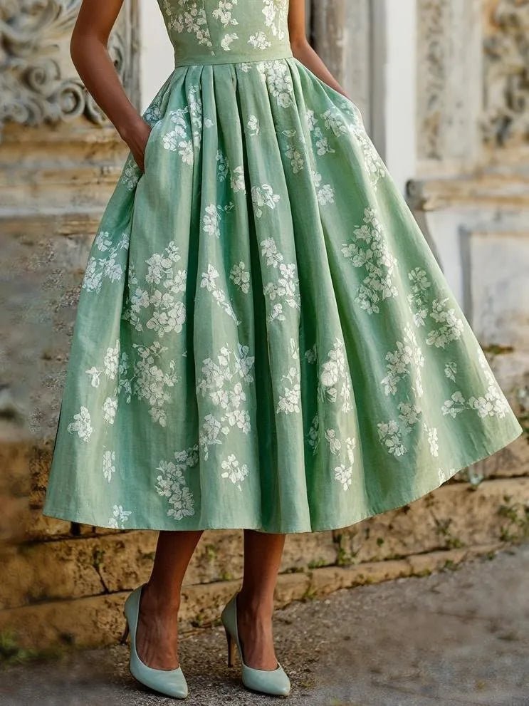 Blumen Midikleid für Damen mit Plisseerock. Stilvolles Sommerkleid, Partykleid oder Abendkleid mit Rundhals.