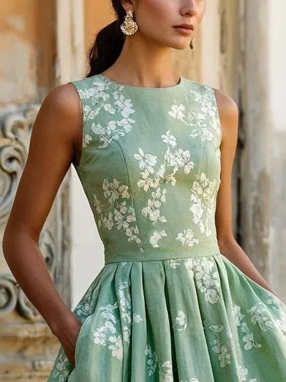 Damen Midikleid mit Blumenmuster & elegantem Plisseerock. Stilvolles Sommerkleid, Partykleid, Abendkleid.