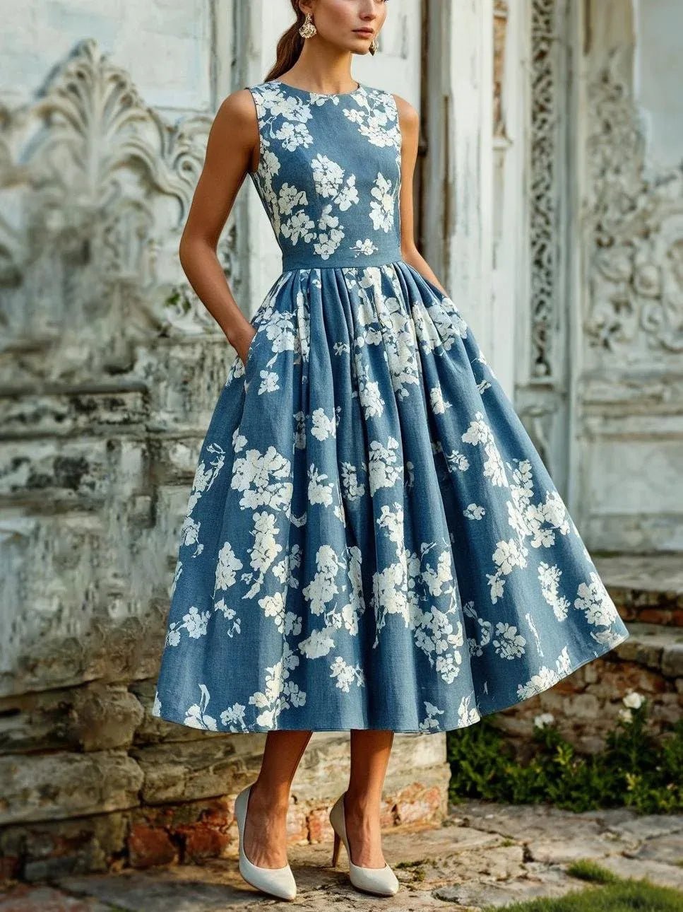Elegantes Damen Midikleid mit Blumenmuster und Plisseerock. Perfekt für Sommer, Party oder Abend.