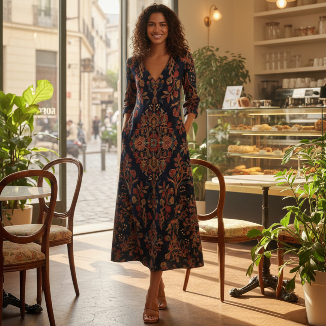 Fließendes Damen Langarm Midi Kleid in Boho Optik mit elegantem V-Ausschnitt und lebhaftem Print. Ideal für Herbst & Frühling.