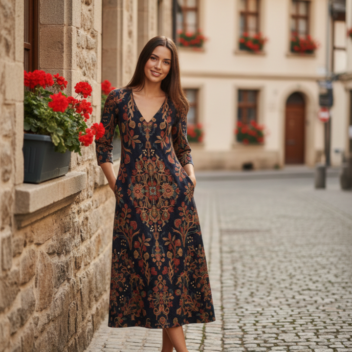 Damen Midi Kleid im Boho Stil mit auffälligem orientalischem Print, tiefem V-Ausschnitt & langen Ärmeln. Vielseitiges Freizeitkleid.