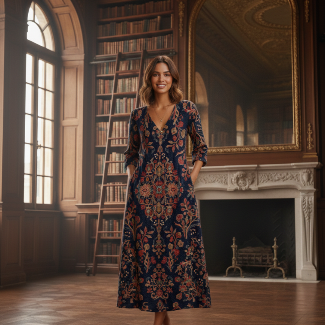 Elegantes Damen Boho Midi Kleid mit V-Ausschnitt und opulentem Print. Bequemes Langarmkleid für festliche Anlässe & Freizeit.
