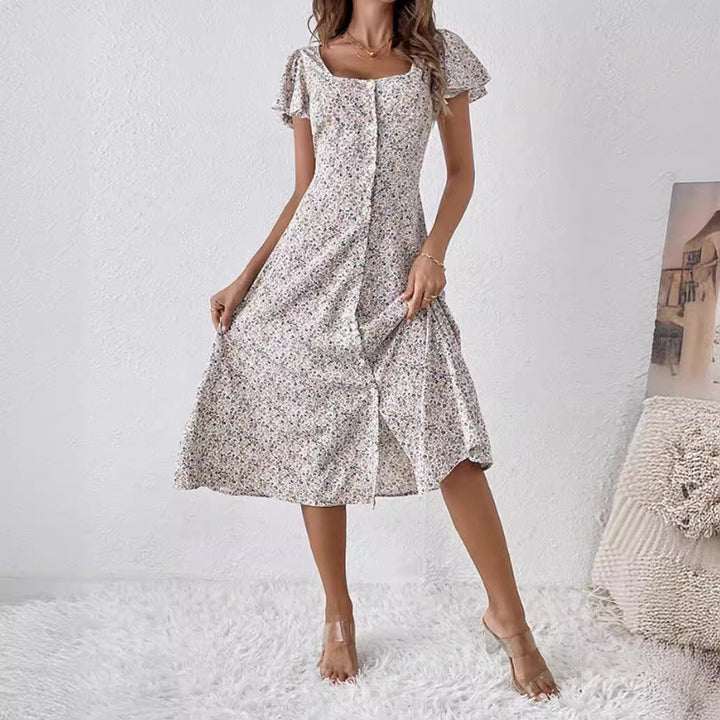 Elegantes weißes A-Linien Sommerkleid für Damen mit Blumenprint, quadratischem Ausschnitt und Knopfleiste.