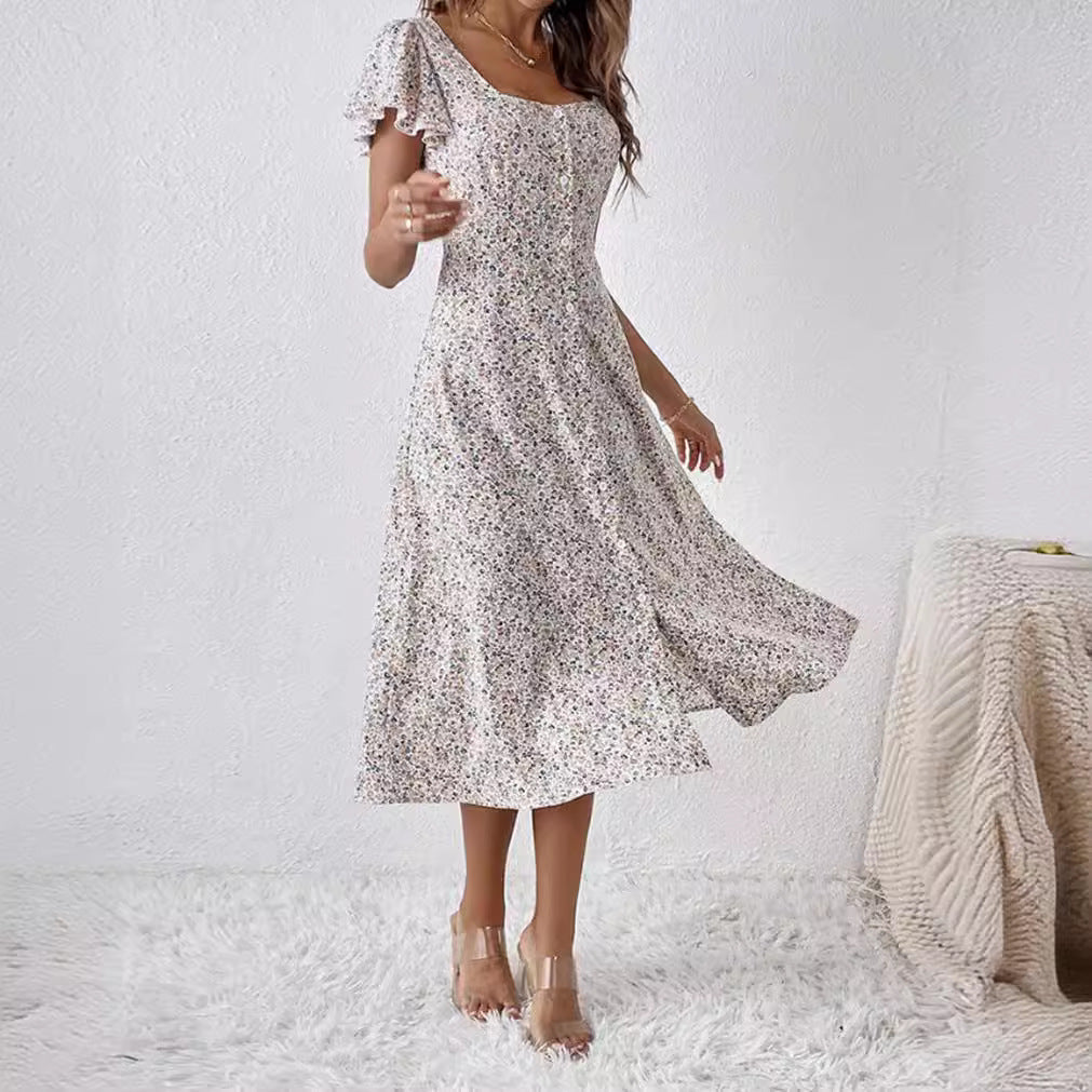 Weißes Damen Frühlings-/Sommerkleid, Midi-Länge, mit Blümchenmuster, quadratischem Ausschnitt und A-Linie.