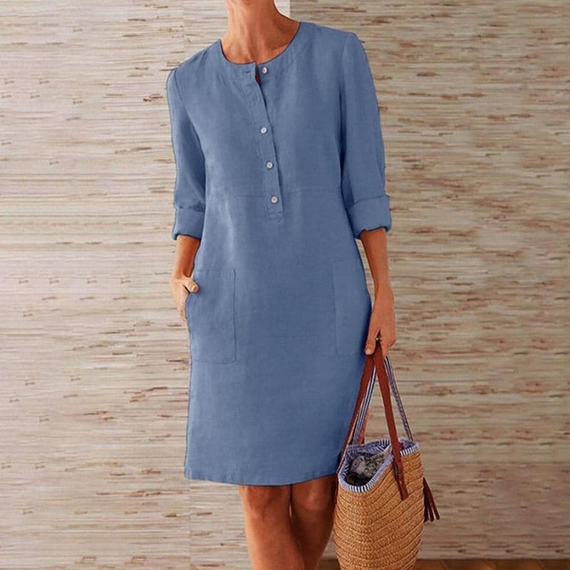 Bequemes Damen Sommerkleid, Midi-Länge, mit 3/4 Ärmeln und Knopfleiste, ideal für den Alltag.