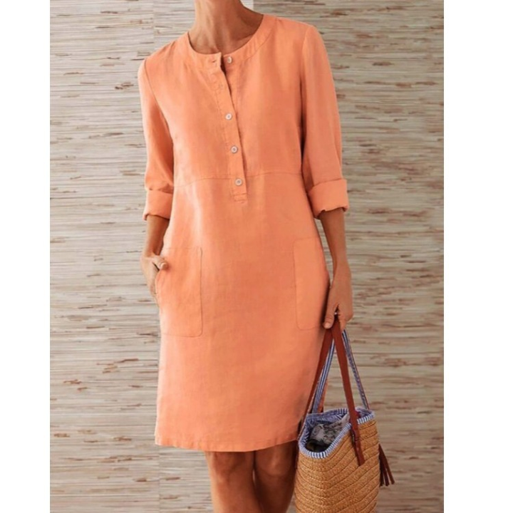 Elegantes Damen Freizeitkleid, Midi-Länge, mit Knopfleiste und Seitentaschen, perfekt für jede Frau.