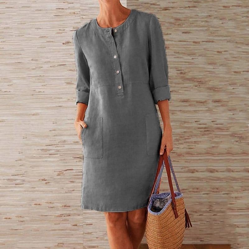 Lässiges Damen Midi Sommerkleid mit Knopfleiste, 3/4 Ärmeln und praktischen Seitentaschen für Damen.