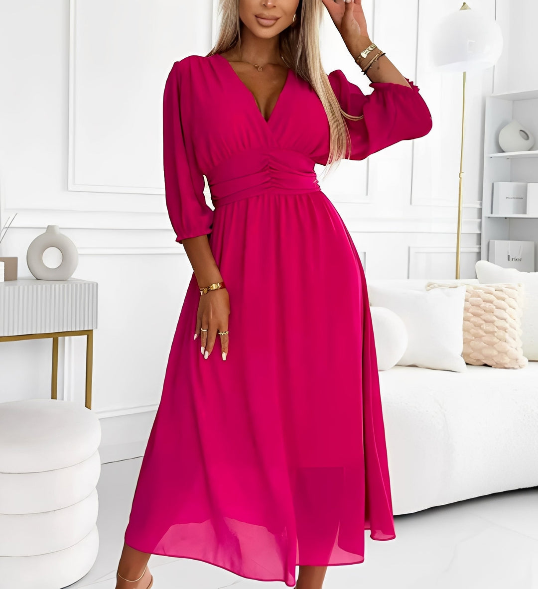 Elegantes Damen Midikleid mit V-Ausschnitt, figurbetonter Taille und A-Linie, ideal für festliche Anlässe.
