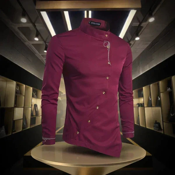 Detailansicht: Modernes asymmetrisches Herren Langarmhemd. Elegantes Knopfhemd, perfekt für stilvolle Herren.