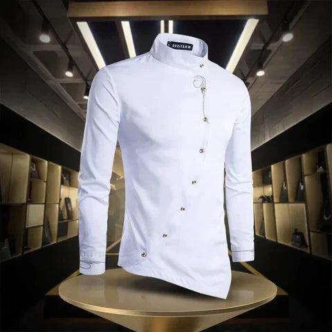 Modernes Herren Langarmhemd mit asymmetrischem Design. Elegantes Knopfhemd, ideal für stilvolle Freizeitlooks.