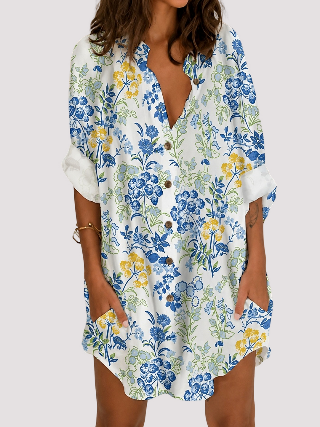 Lässiges Damen Sommer Minikleid mit Wildblumen-Print, Langarm & V-Ausschnitt für Freizeit.