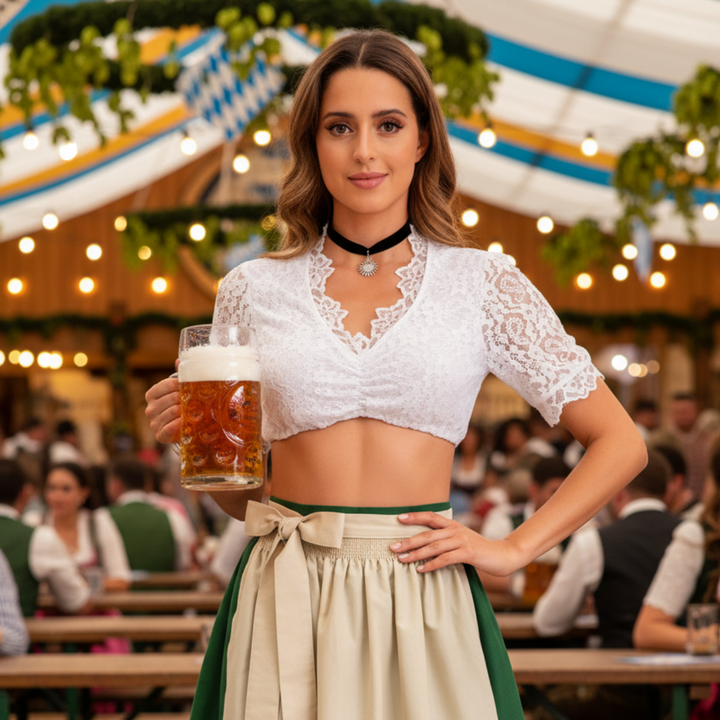 Elegantes Damen Oktoberfest Top im Trachten-Stil, ärmellos mit V-Ausschnitt für Volksfest- & Festival-Mode.