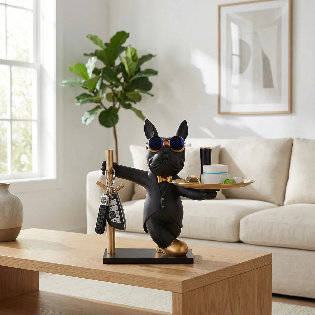 Moderne Bulldoggenfigur mit Tablett und Schlüsselhaken als stilvolle Wohnzimmer-Dekoration.