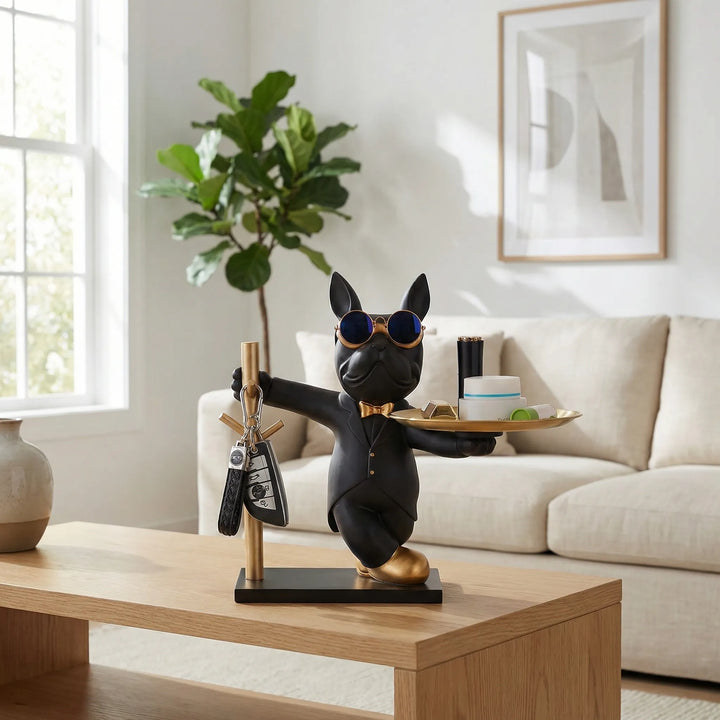 Moderne Bulldoggenfigur mit Tablett und Schlüsselhaken als stilvolle Wohnzimmer-Dekoration.