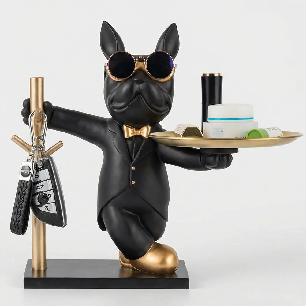 Dekorative Bulldoggenfigur mit Ablagetablett für Kleinigkeiten und Schlüsselhaken, ideal für Flur & Eingangsbereich.