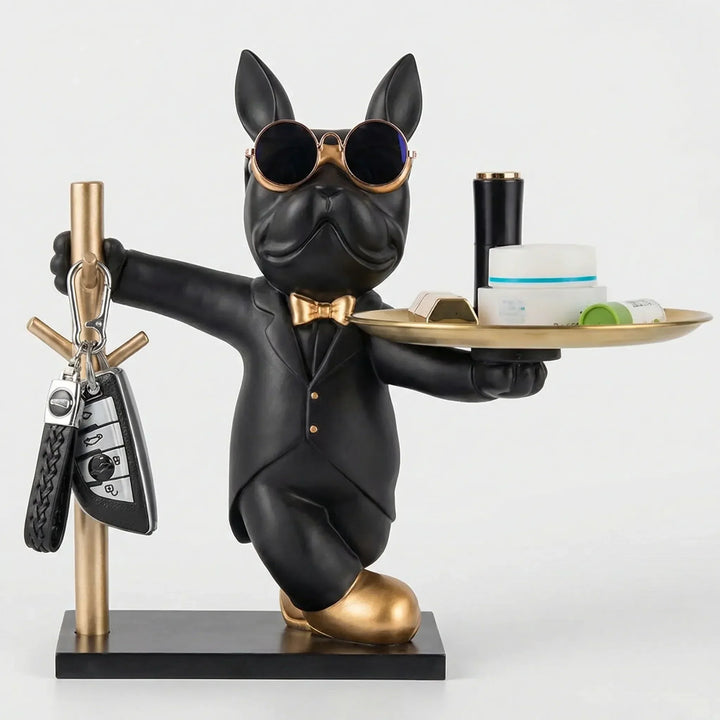 Dekorative Bulldoggenfigur mit Ablagetablett für Kleinigkeiten und Schlüsselhaken, ideal für Flur & Eingangsbereich.